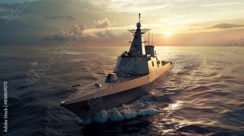 Modern naval destroyer ship at sea during what appears to be either sunrise or sunset