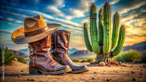 Сowboy boots in the desert background. Wild West concept