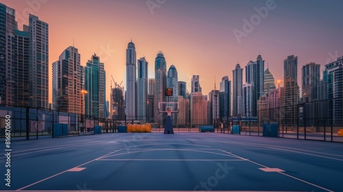 Basketball court with city skyline in the evening