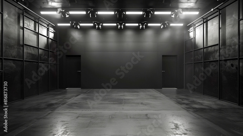 A dark, empty room with high ceilings, industrial lighting fixtures, and two doors on opposite walls. The space has a minimal, modern, and gritty aesthetic.