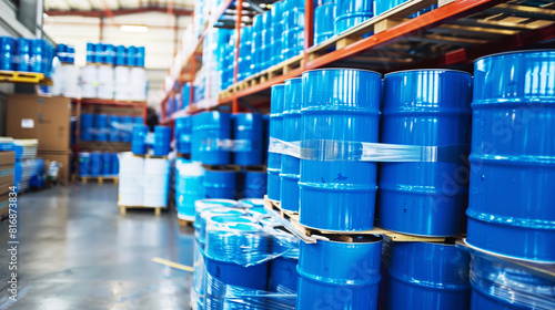A warehouse filled with blue industrial barrels stacked on wooden pallets, organized in rows on metal shelves, showing a typical storage environment.
