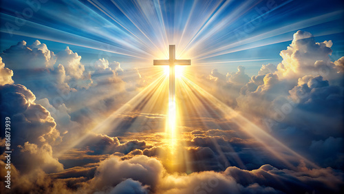 God light in heaven symbolizing divine presence, truth, spiritual illumination, God love and grace. Cross-shaped light beams blessing world with heavenly light