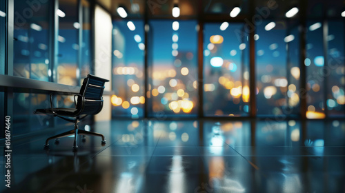 An empty modern office at night with one office chair facing large windows overlooking a blurred city lights view.