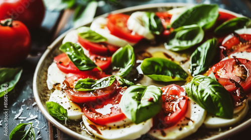 A vibrant plate of Caprese salad with fresh mozzarella, sliced tomatoes, basil leaves, and a drizzle of balsamic glaze, garnished with ground black pepper.