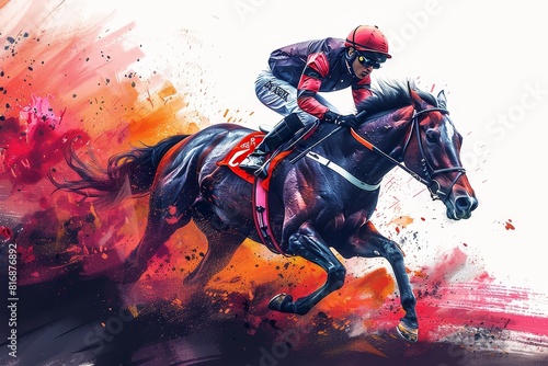 Beautiful race horse and jockey in action. Vector illustration of colorful splashes on a white background