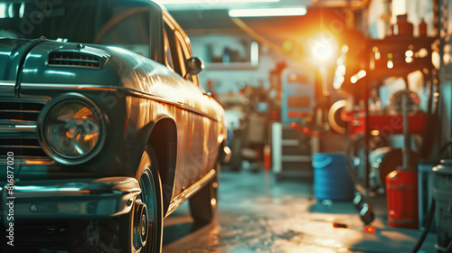 A classic car parked in a garage, illuminated by warm sunlight. The space is filled with automotive tools, equipment, and a workbench, evoking a nostalgic atmosphere.
