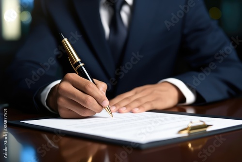 A man in a suit writing on a piece of paper, signing a legal document with a fountain pen. Generative AI