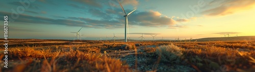 Wind Energy and Sustainable Development - Close-up of wind turbines set against a sparse landscape, emphasizing their role in sustainable development Side view Cybernetic tone Split-complementary colo
