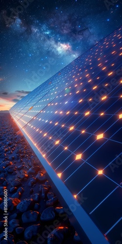 solar panels not only collect energy but also visually project the power they generate. Focus closely on the glowing panels against a night sky filled with stars, enhancing the visual impact of their 