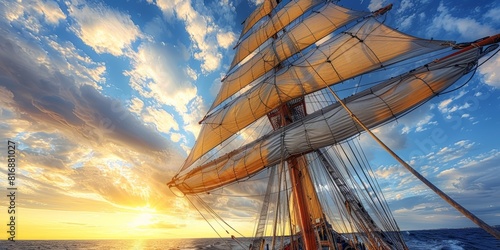 A majestic sailboat with full sails catches the golden sunlight and brisk wind on a serene sea, under a dramatic sky with scattered clouds at sunset