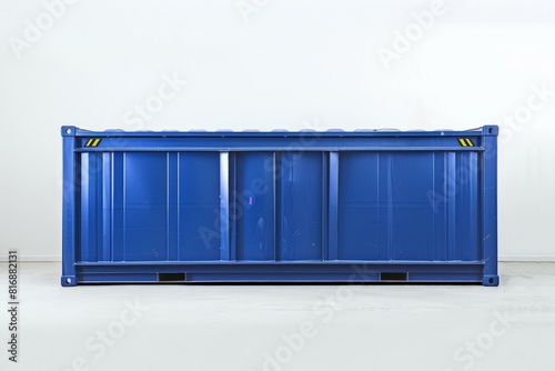 Front view of a standard blue shipping container displayed against a clean, white backdrop