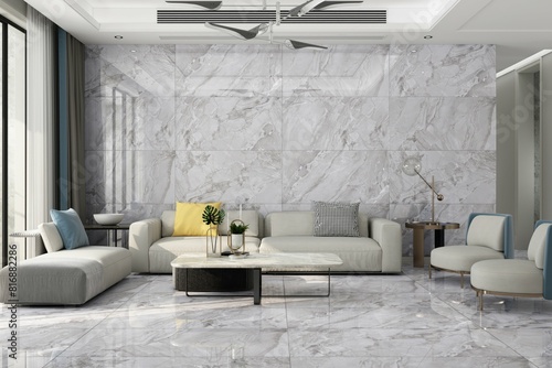 Modern living room with mezzanine image, grey marble floor decorate wall with groove, furnished with grey fabric furniture, There are large windows look out to see the nature. Mock up. 3D Rendering
