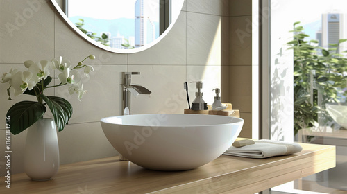 Elegant bathroom with a modern white vessel sink on a wooden countertop, complemented by a sleek faucet, white orchid plant, and toiletries against a backdrop of large windows.