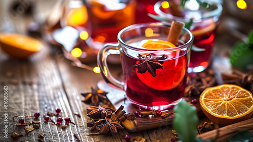 Warm spiced mulled wine in glass mugs, garnished with orange slices, star anise, and cinnamon sticks, perfect for cozy gatherings. 