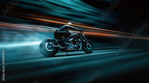 Nighttime adventure motorcycle rider on the road with motion blur under the starry sky