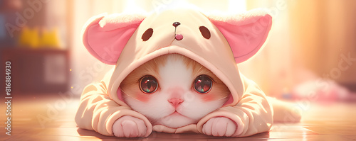 Cute cats wearing anime onesie dog costume background.