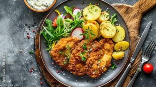 Breaded pork cutlet served with potatoes and side salad