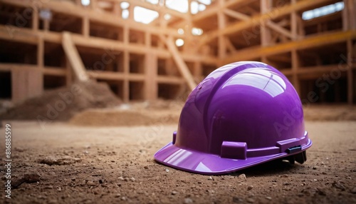 purple construction helmet or safety hardhat on the ground, with an empty underdeveloped building in the background