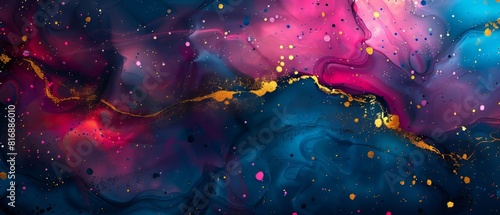 Colorful abstract painting with blue, pink and gold.