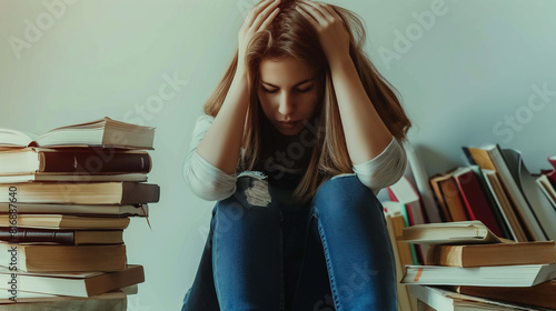 A estudante cansada senta-se com uma pilha de livros, sentindo-se sobrecarregada com sua carga de trabalho. Dificuldades de educação. Jovem exausta e triste se preparando para o exame