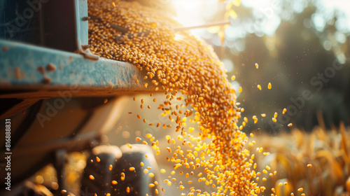 Close-up of a combine harvester unloading harvested corn kernels with golden sunlight in the background, capturing the essence of agricultural harvest and machinery.