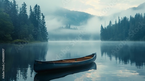 A serene lake with a canoe floating on the water and a forested shoreline in the distance
