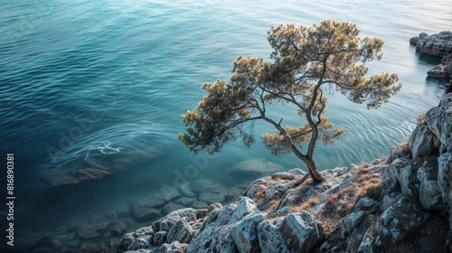 Pine tree on the shore of the Adriatic Sea in Croatia