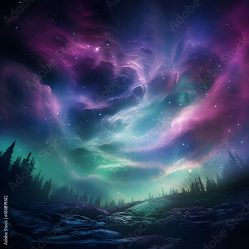  Aurora borealis illuminating night sky above forest