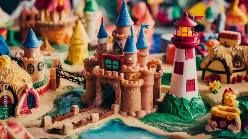 Colorful Miniature Clay Village with Castle, Lighthouse, and Thatched Cottages