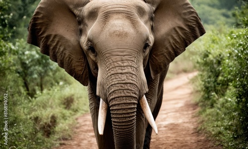 Majestic African Elephant in the Savanna: Close-Up Aerial View of Powerful Tusks and Wrinkled Skin