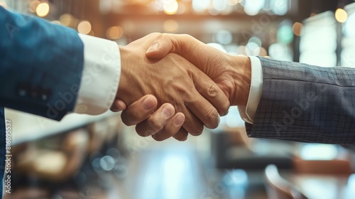 A handshake between two professionals sealing a deal in a corporate office