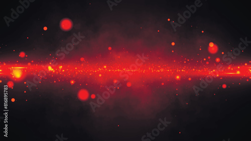 Abstract particle movement on a neon red background. Animation of fast moving bright fire particles on a dark background. Space background. 3D vector.