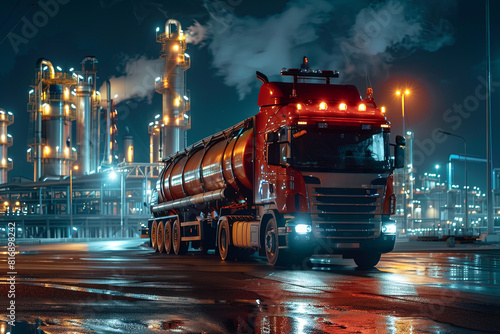 Towering petroleum truck and illuminated oil refinery in a sprawling petrochemical industry estate