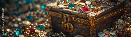 A treasure chest overflowing with jewels and coins, with a ruby amulet prominently displayed on top, as if guarding the treasures within, Close up