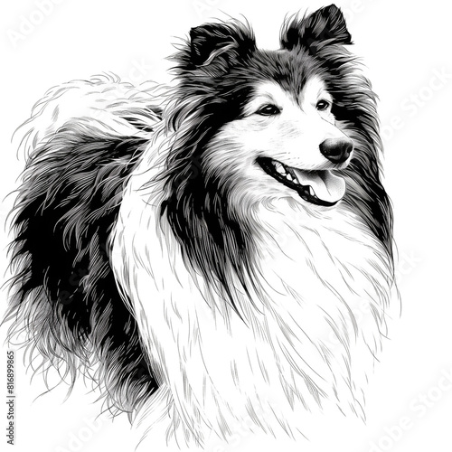 Charming Shetland Sheepdog Dog Smiling in an Ink Drawing