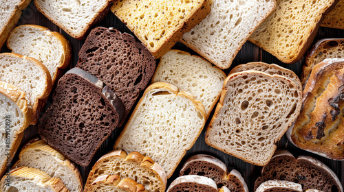 Variety of sliced bread types arranged in a pattern showcasing different textures and colors including white, whole grain, and rye bread.