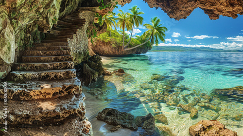Rustic rock staircase to a tranquil beach cove, clear waters and palms enhancing the path.