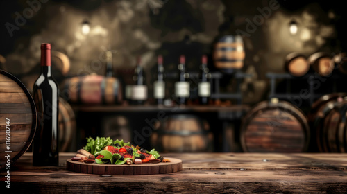 A rustic wine cellar featuring a wooden table with a bottle of red wine and a charcuterie board with assorted snacks. Wooden barrels and wine bottles are in the background.
