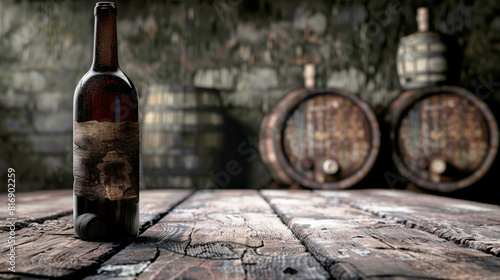 A rustic scene with a single wine bottle on a weathered wooden table, set against a background of wine barrels in a dimly lit wine cellar.