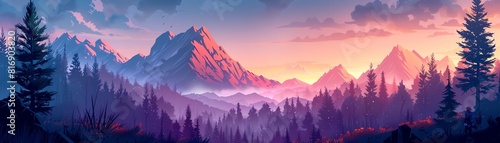 The image is a beautiful landscape of a mountain range at sunset