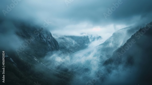 Foggy mountain valley landscape for peaceful and relaxing designs