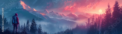 The image is a beautiful landscape painting of a mountain range at sunset