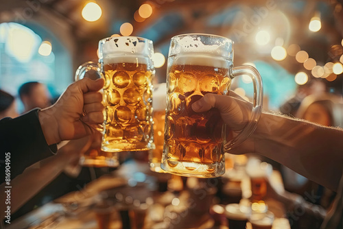 Festive Oktoberfest celebration with visitors raising beer mugs in a cozy tent
