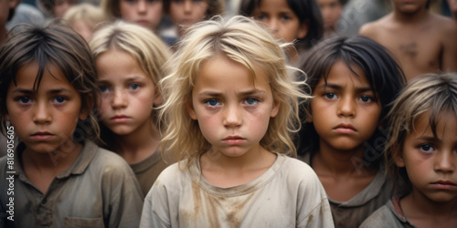 Poor, neglected, dirty children, poverty, misery, migrants, homeless people, war 