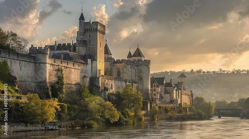 "A picturesque view of the medieval ChÃ¢teau de Chinon in France, with its grand keep, stone walls, a