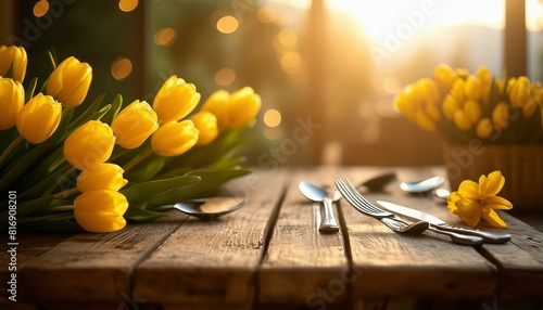 A wooden table with forks, knives, and spoons arranged creatively, surrounded by scattered flowers, like yellow tulips on the right, creating an inviting dining atmosphere.