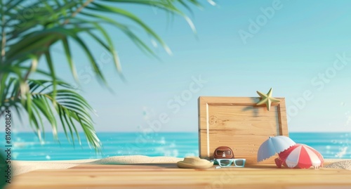 Beach insider product display scene sand toy palms background
