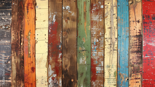 A vibrant assortment of weathered and painted wooden planks, showcasing a variety of colors and textures, arranged vertically for a rustic and artistic background.