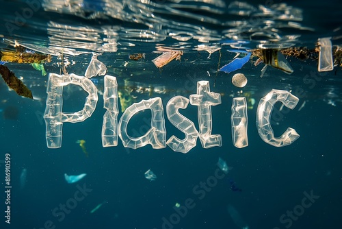 'Plastic' spelled out underwater surrounded by debris to illustrate pollution and environmental harm