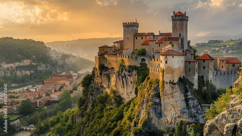 "A dramatic view of the medieval ChÃ¢teau de Foix in France, perched on a rocky hill 